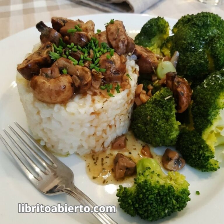 Brócoli con champiñones portobello y arroz receta casera