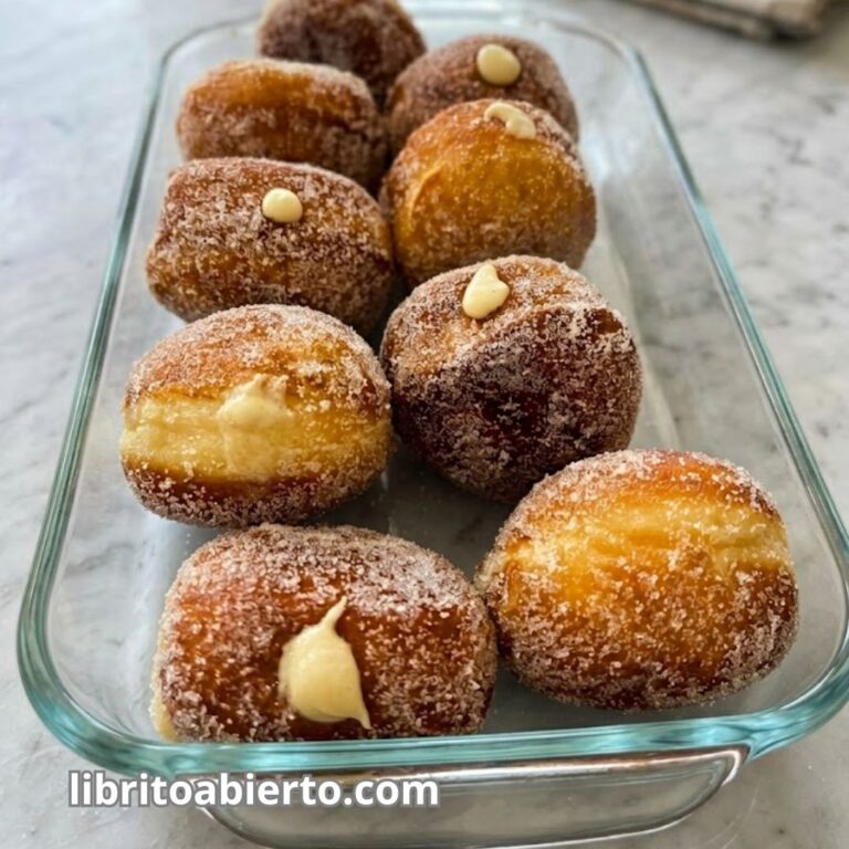 Bombas rellenas de crema pastelera caseras y esponjosas, berlinesas de azucar